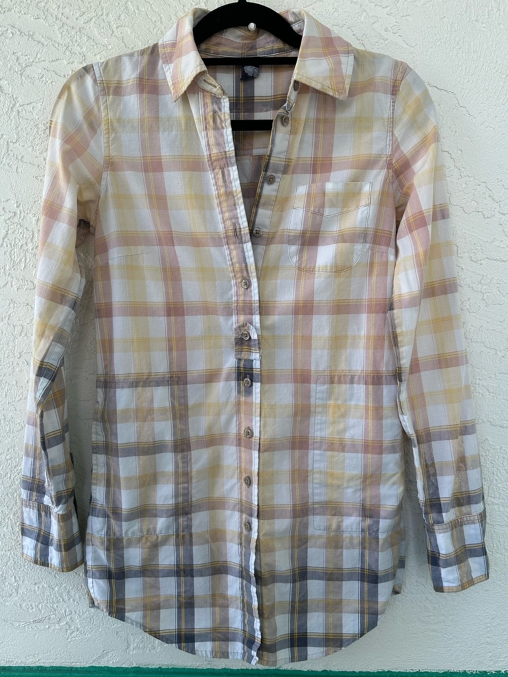 Free People Cotton Ombré Brown White Plaid Button Down Pockets Tunic Top Size 2